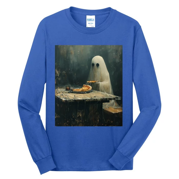 Ghost Eating Pizza Funny Halloween Humor Design Gift Tall Long Sleeve T-Shirt