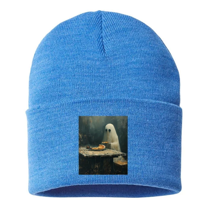 Ghost Eating Pizza Funny Halloween Humor Design Gift Sustainable Knit Beanie