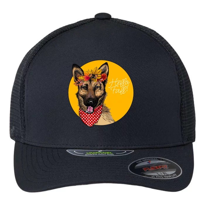 German Shepherd Dog Autumn Leaves Crown Hello Fall Flexfit Unipanel Trucker Cap