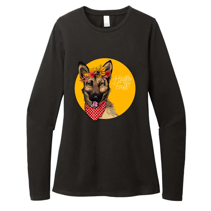 German Shepherd Dog Autumn Leaves Crown Hello Fall Womens CVC Long Sleeve Shirt