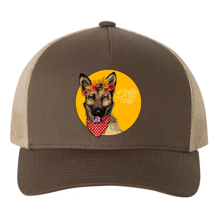 German Shepherd Dog Autumn Leaves Crown Hello Fall Yupoong Adult 5-Panel Trucker Hat