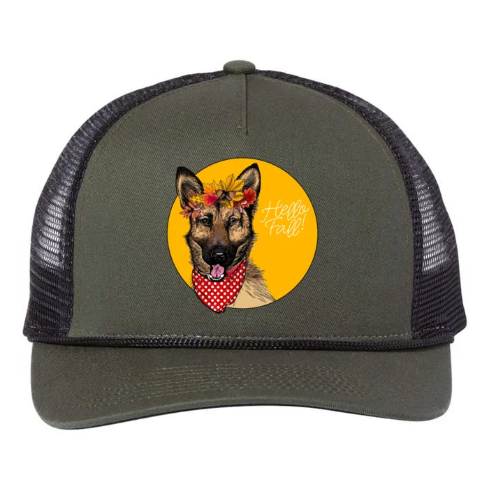 German Shepherd Dog Autumn Leaves Crown Hello Fall Retro Rope Trucker Hat Cap