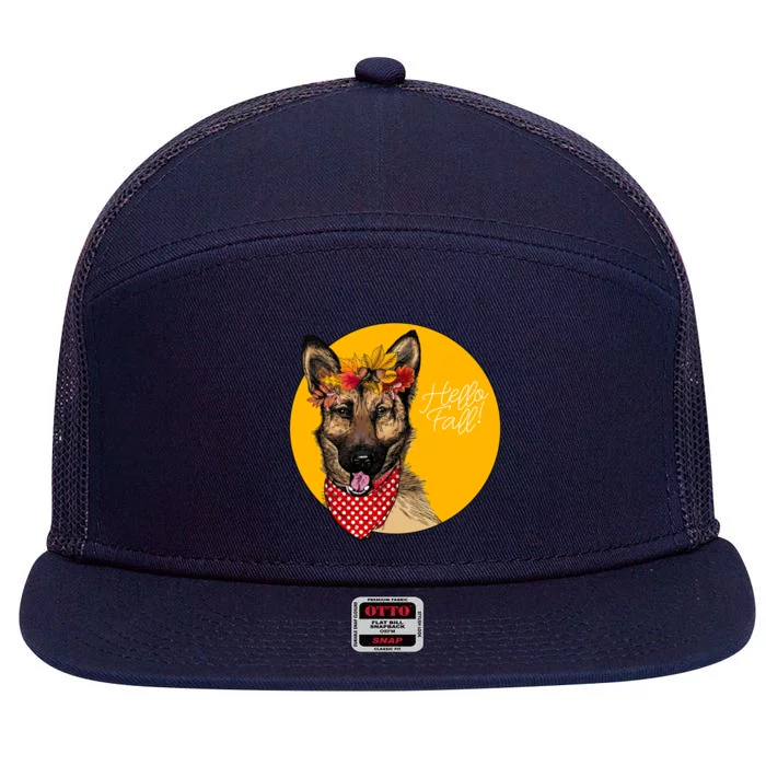 German Shepherd Dog Autumn Leaves Crown Hello Fall 7 Panel Mesh Trucker Snapback Hat