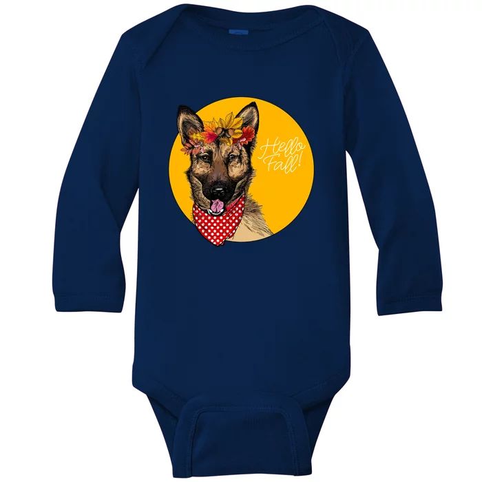 German Shepherd Dog Autumn Leaves Crown Hello Fall Baby Long Sleeve Bodysuit