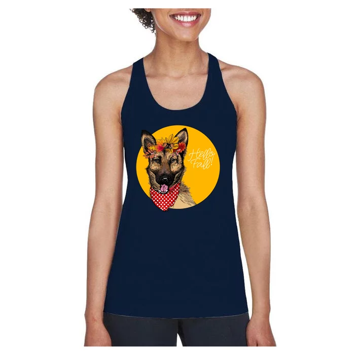 German Shepherd Dog Autumn Leaves Crown Hello Fall Women's Racerback Tank