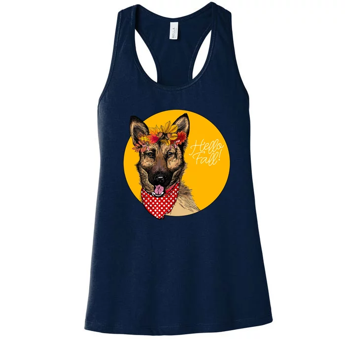 German Shepherd Dog Autumn Leaves Crown Hello Fall Women's Racerback Tank