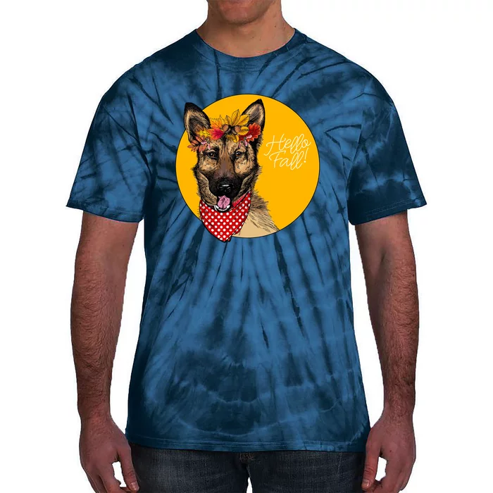 German Shepherd Dog Autumn Leaves Crown Hello Fall Tie-Dye T-Shirt