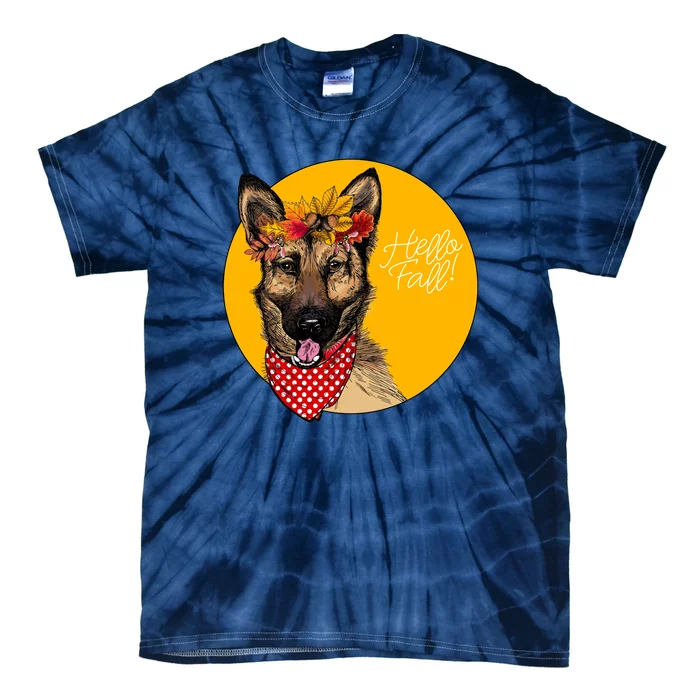 German Shepherd Dog Autumn Leaves Crown Hello Fall Tie-Dye T-Shirt