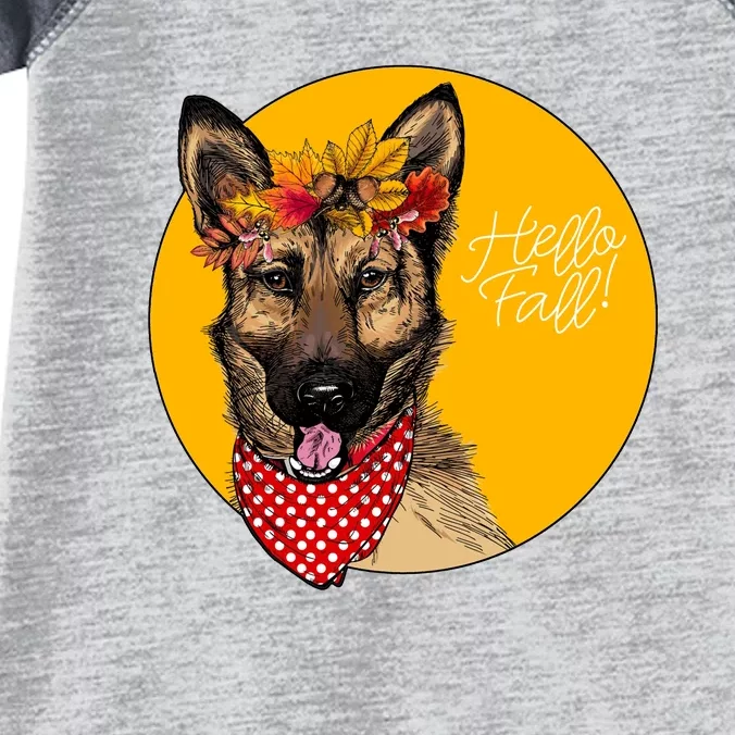 German Shepherd Dog Autumn Leaves Crown Hello Fall Infant Baby Jersey Bodysuit