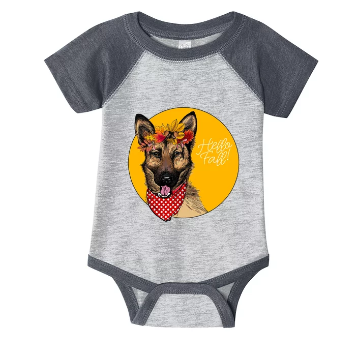 German Shepherd Dog Autumn Leaves Crown Hello Fall Infant Baby Jersey Bodysuit