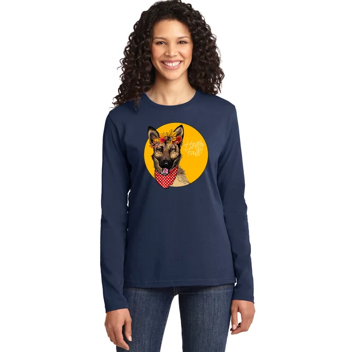 German Shepherd Dog Autumn Leaves Crown Hello Fall Ladies Long Sleeve Shirt