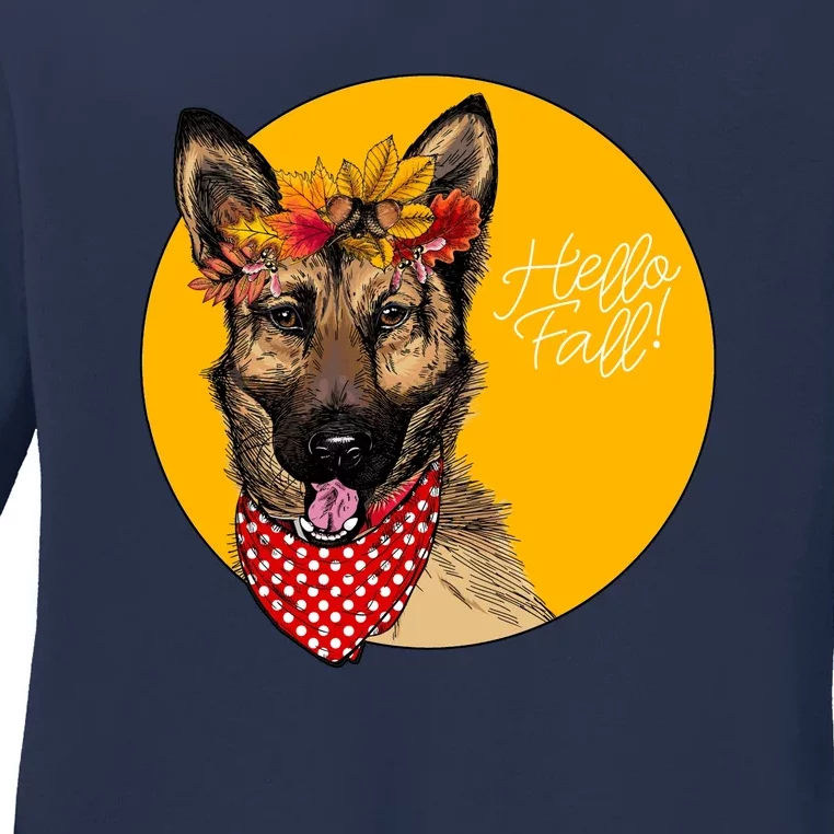 German Shepherd Dog Autumn Leaves Crown Hello Fall Ladies Long Sleeve Shirt