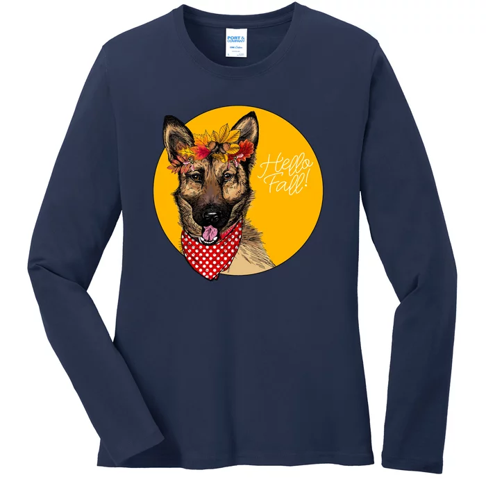 German Shepherd Dog Autumn Leaves Crown Hello Fall Ladies Long Sleeve Shirt