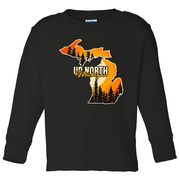 Go Explore State Of Michigan Apparel Up North Hiking Toddler Long Sleeve Shirt