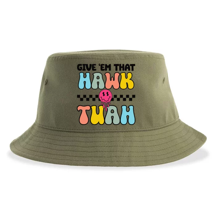 Give Em That Hawk Tuah Groovy Smile Face Hawk Tush Parody Sustainable Bucket Hat