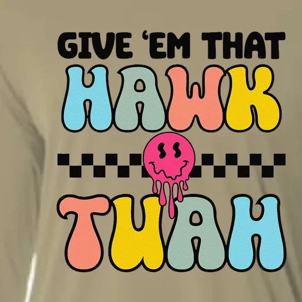 Give Em That Hawk Tuah Groovy Smile Face Hawk Tush Parody Cooling Performance Long Sleeve Crew