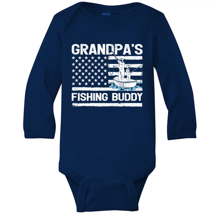 Grandpa's Fishing Buddy American Flag Fishing Father's Day Cool Gift Baby Long Sleeve Bodysuit