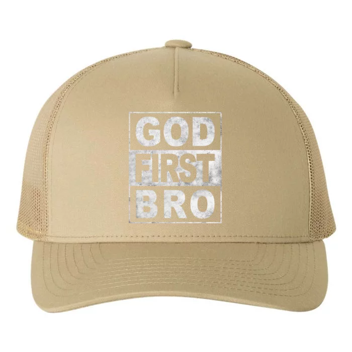 GOD FIRST BRO CHRISTIAN FAITH JESUS Yupoong Adult 5-Panel Trucker Hat