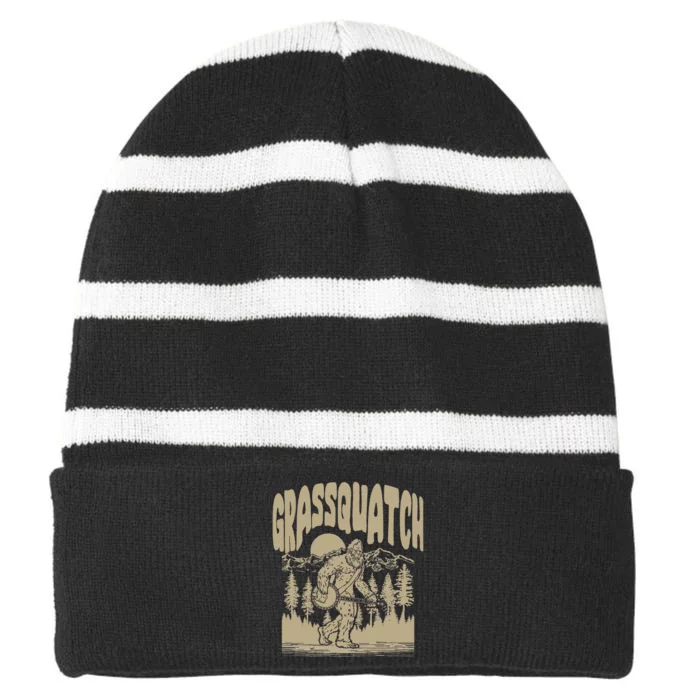 Grassquatch! Funny Bigfoot Banjo Bluegrass Sasquatch Outdoor Striped Beanie with Solid Band