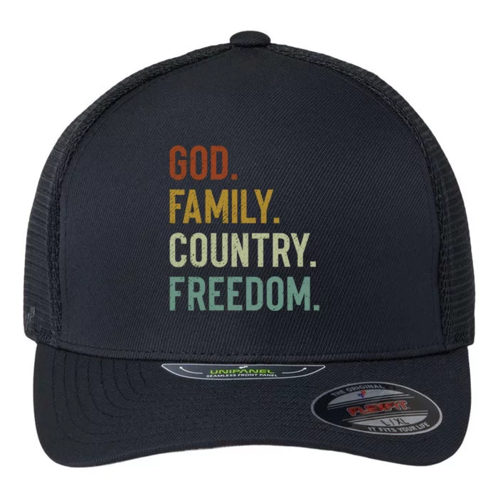 God Family Country Freedom Retro Patriotic Christian Values Gift Flexfit Unipanel Trucker Cap