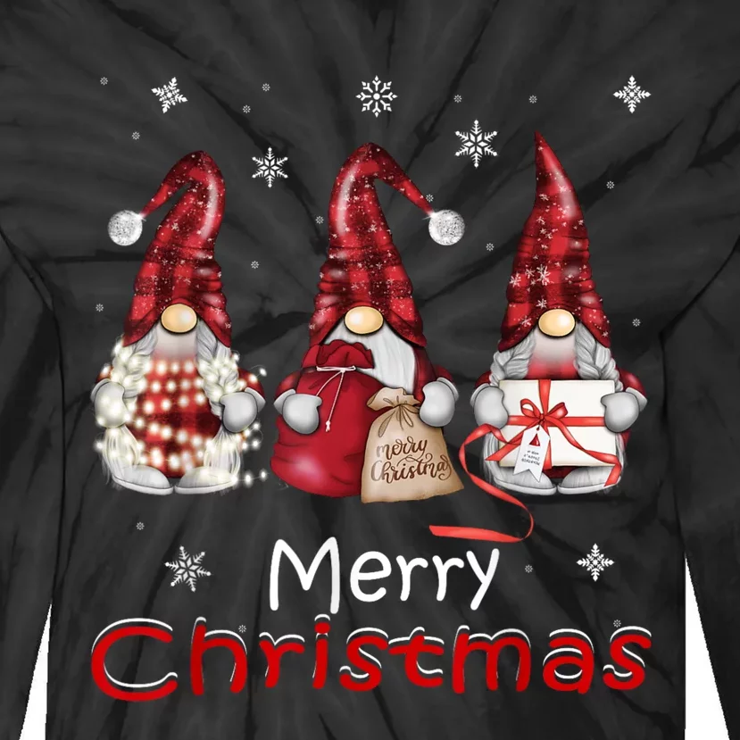 Gnome Family Christmas For Women Buffalo Plaid Tie-Dye Long Sleeve Shirt