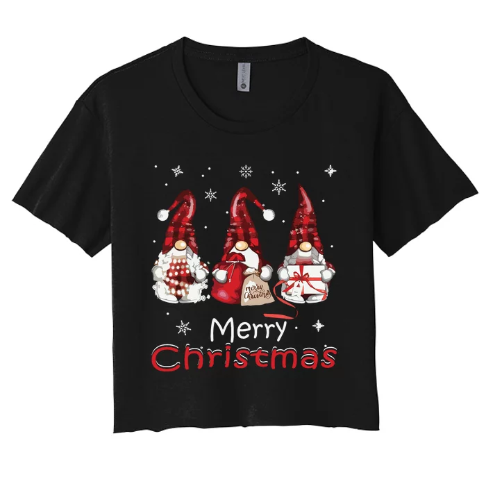 Gnome Family Christmas Shirts For Women Buffalo Plaid Women's Crop Top Tee