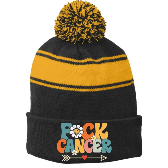 Groovy Fuck Cancer I Hate Cancer Breast Cancer Awareness Stripe Pom Pom Beanie