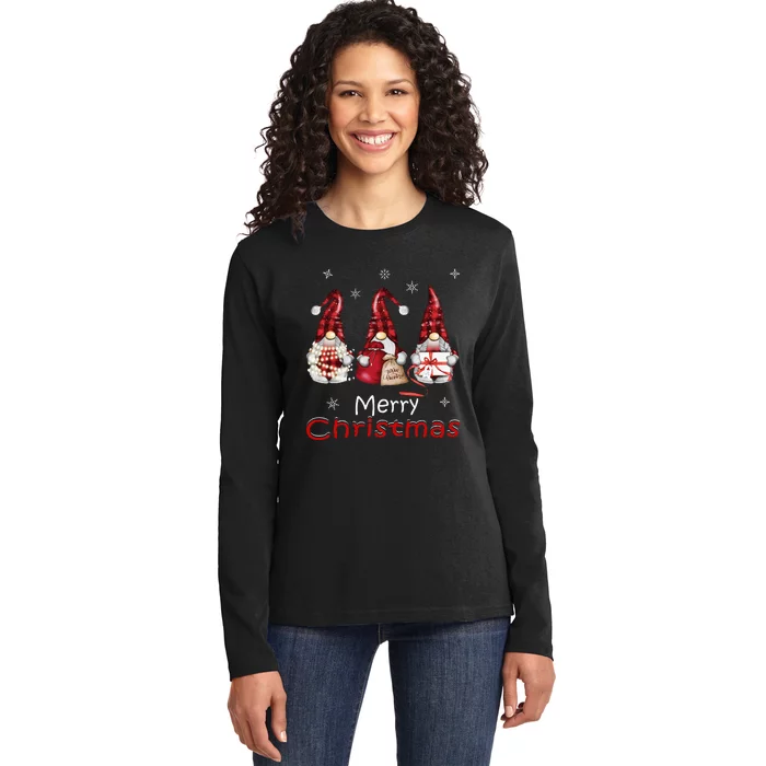 Gnome Family Christmas Buffalo Plaid Ladies Long Sleeve Shirt