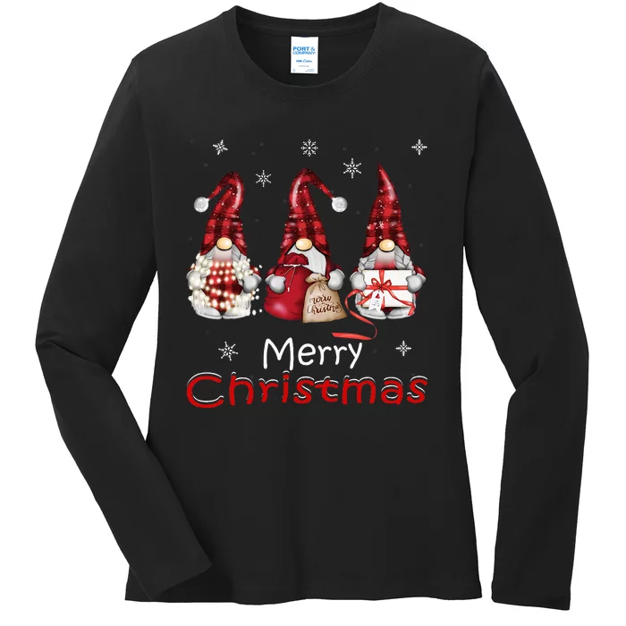 Gnome Family Christmas Buffalo Plaid Ladies Long Sleeve Shirt