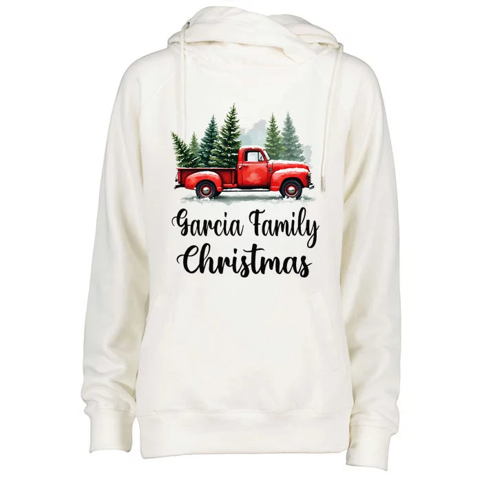 Garcia Family Christmas Vintage Red Wagon Truck Xmas Tree Womens Funnel Neck Pullover Hood