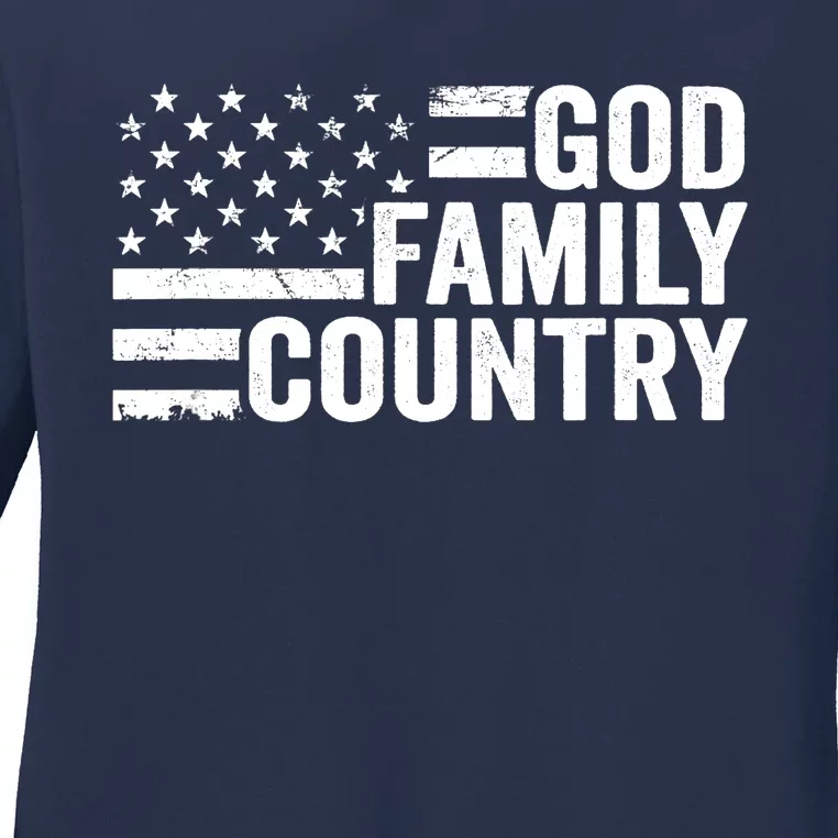 God Family Country - Patriotic Christian American Flag Ladies Long Sleeve Shirt