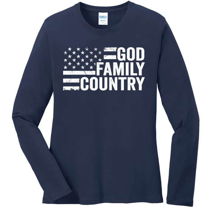 God Family Country - Patriotic Christian American Flag Ladies Long Sleeve Shirt