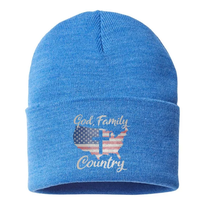 God Family Country Christian Cross Vintage Usa American Flag Gift Sustainable Knit Beanie