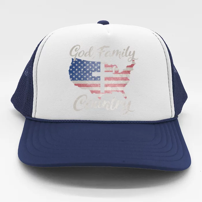 GOD FAMILY COUNTRY Christian Cross Vintage USA American Flag Trucker Hat