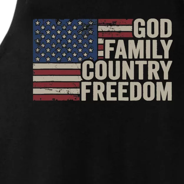 God Family Country Freedom 4th July USA Flag Christian Ladies Tri-Blend Wicking Tank