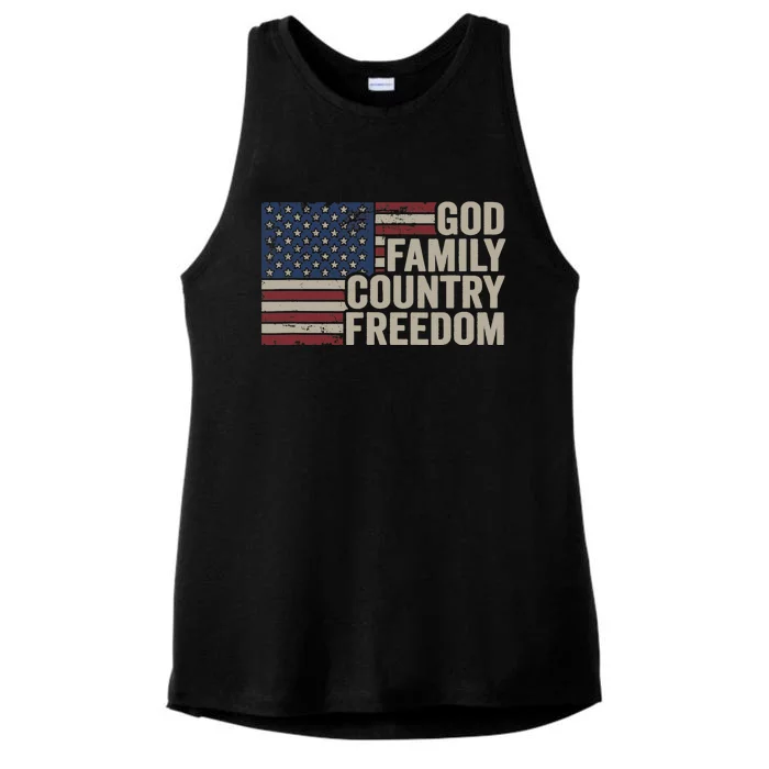 God Family Country Freedom 4th July USA Flag Christian Ladies Tri-Blend Wicking Tank