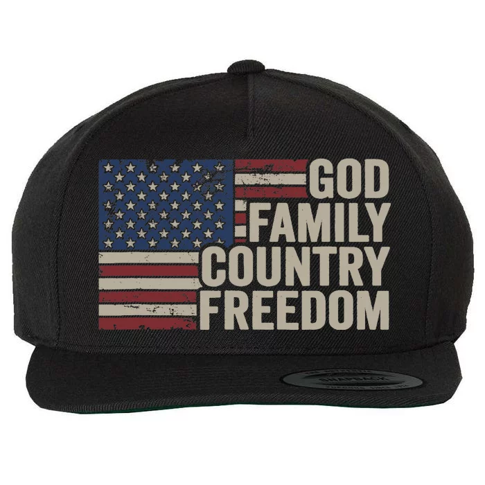 God Family Country Freedom 4th July USA Flag Christian Wool Snapback Cap