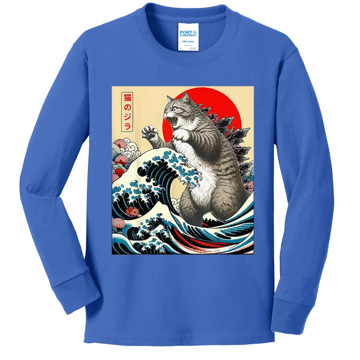 Gifts For Catzilla Cat Japanese Art Cat Owner Kids Long Sleeve Shirt