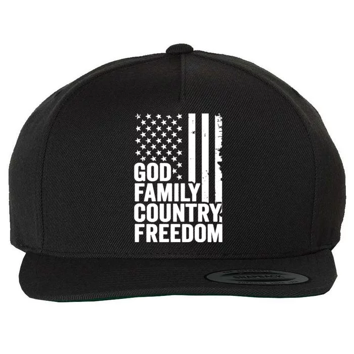 God Family Country Freedom Patriotic Christian USA Flag Long Wool Snapback Cap