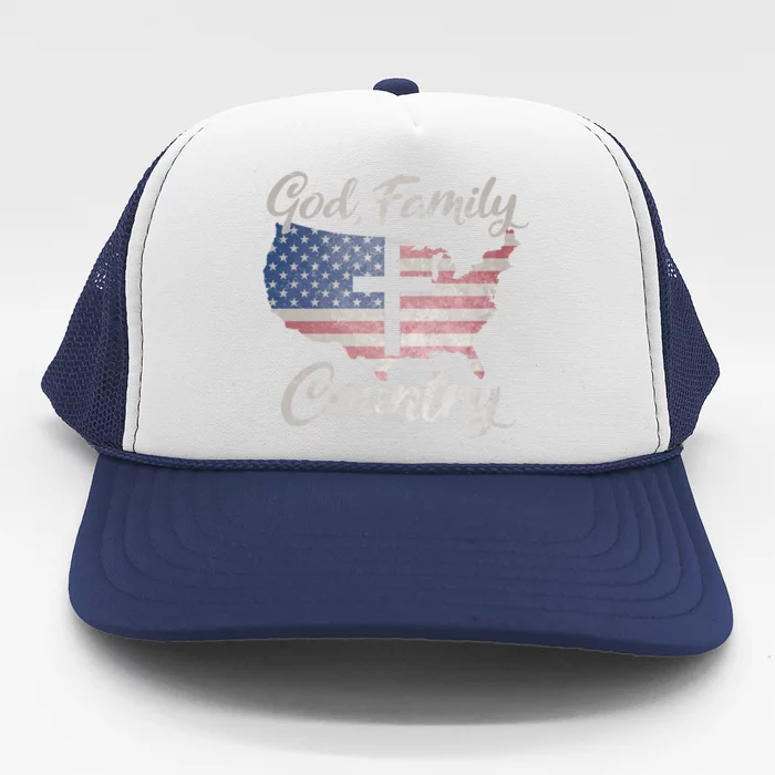 God Family Country Christian Cross Vintage Usa American Flag Great Gift Trucker Hat