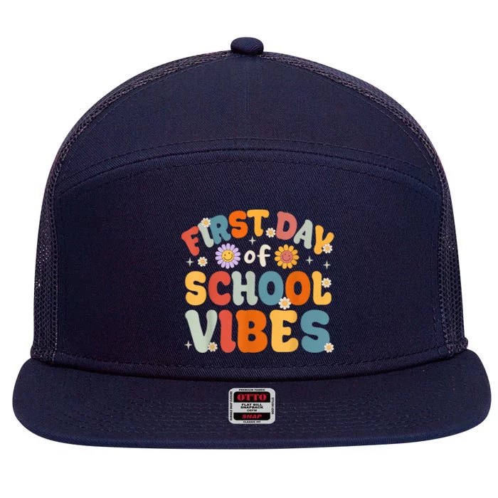 Groovy First Day Of School Vibes Teachers Students Kids 7 Panel Mesh Trucker Snapback Hat