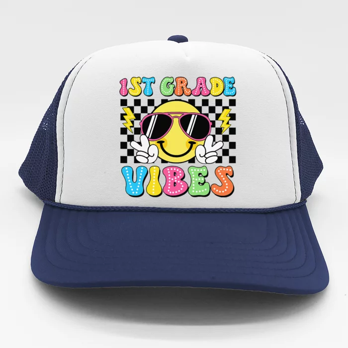 Groovy First Day Of School 1st Grade Vibes Back To School Trucker Hat