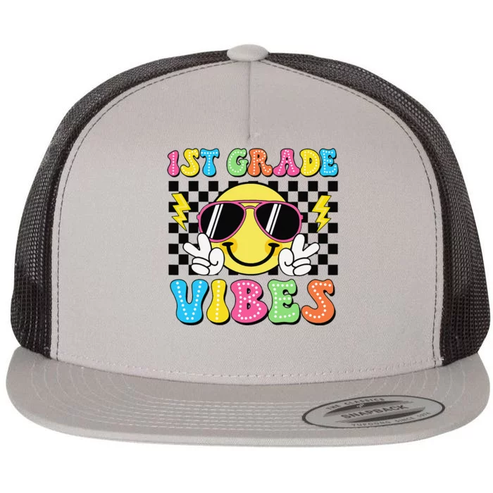 Groovy First Day Of School 1st Grade Vibes Back To School Flat Bill Trucker Hat