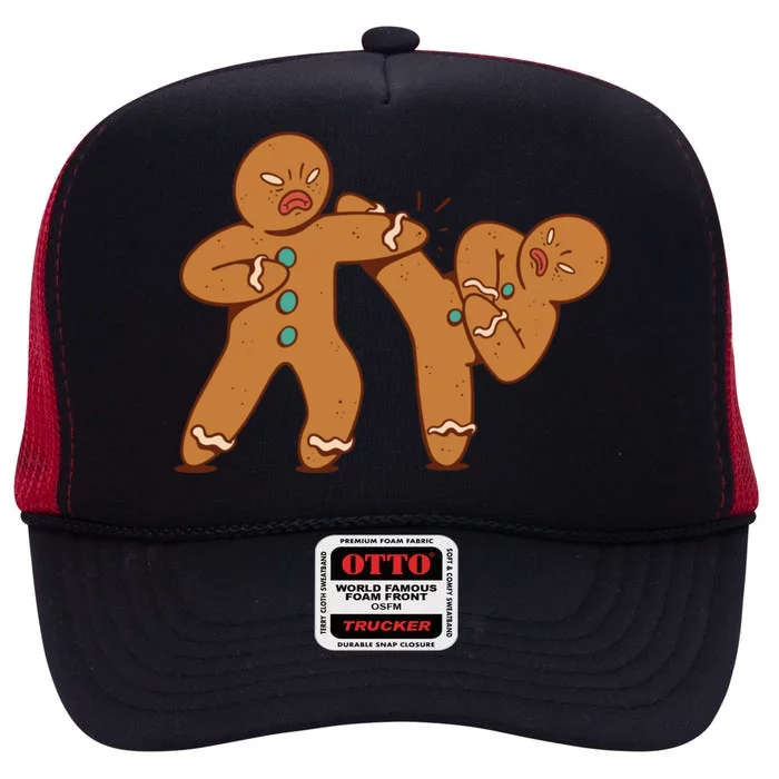 Gingerbread Fight Funny Holiday High Crown Mesh Trucker Hat