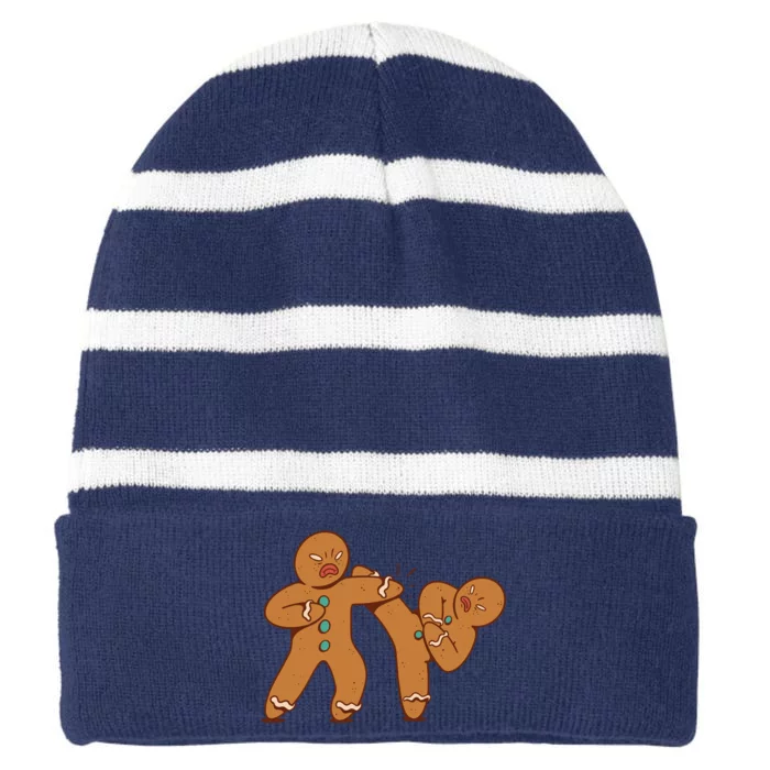 Gingerbread Fight Funny Holiday Striped Beanie with Solid Band