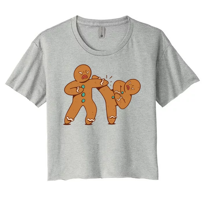 Gingerbread Fight Funny Holiday Women's Crop Top Tee