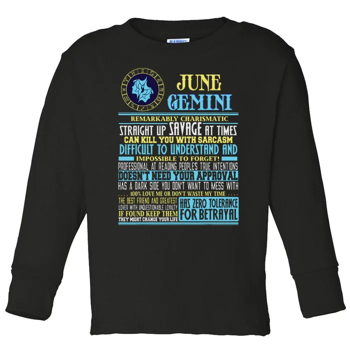 Gemini Facts Funny June Gemini Birthday Gift Toddler Long Sleeve Shirt