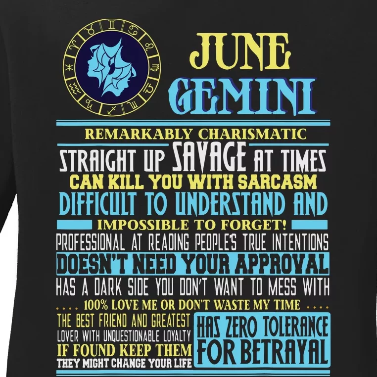 Gemini Facts Funny June Gemini Birthday Gift Ladies Long Sleeve Shirt