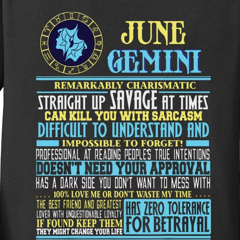 Gemini Facts Funny June Gemini Birthday Gift Kids Long Sleeve Shirt