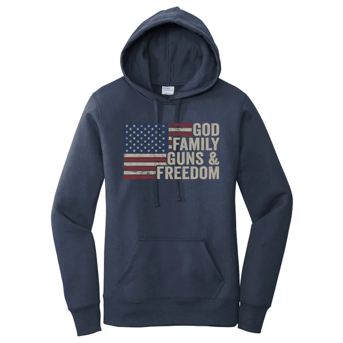 God Family Guns And Freedom Gift Pro Gun Vintage Usa Flag Cool Gift Women's Pullover Hoodie